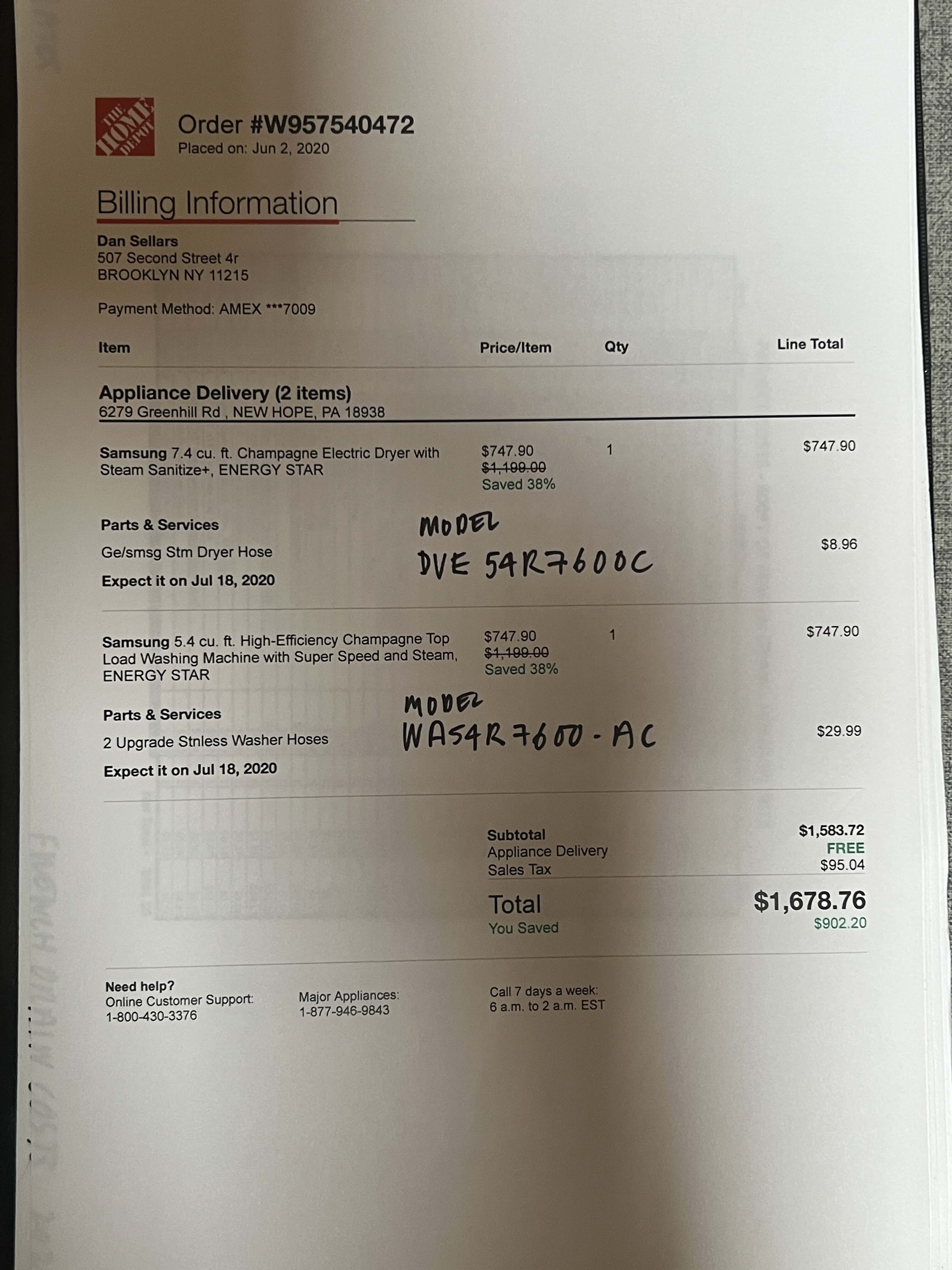 Home Depot order receipt for Samsung Champagne washer and dryer pair, purchased June 2020, $1,678.76 total.