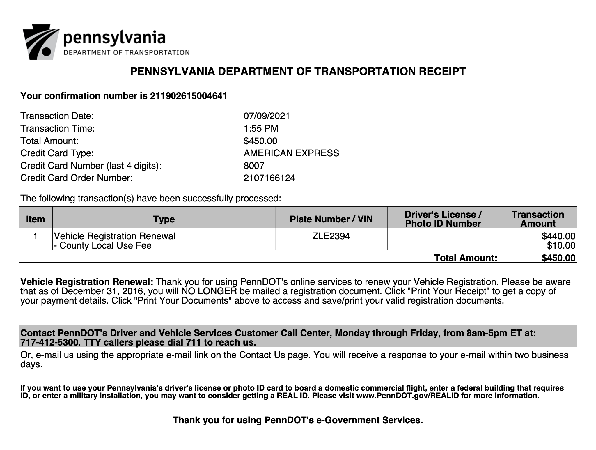 Ford truck licence 2 year receipt