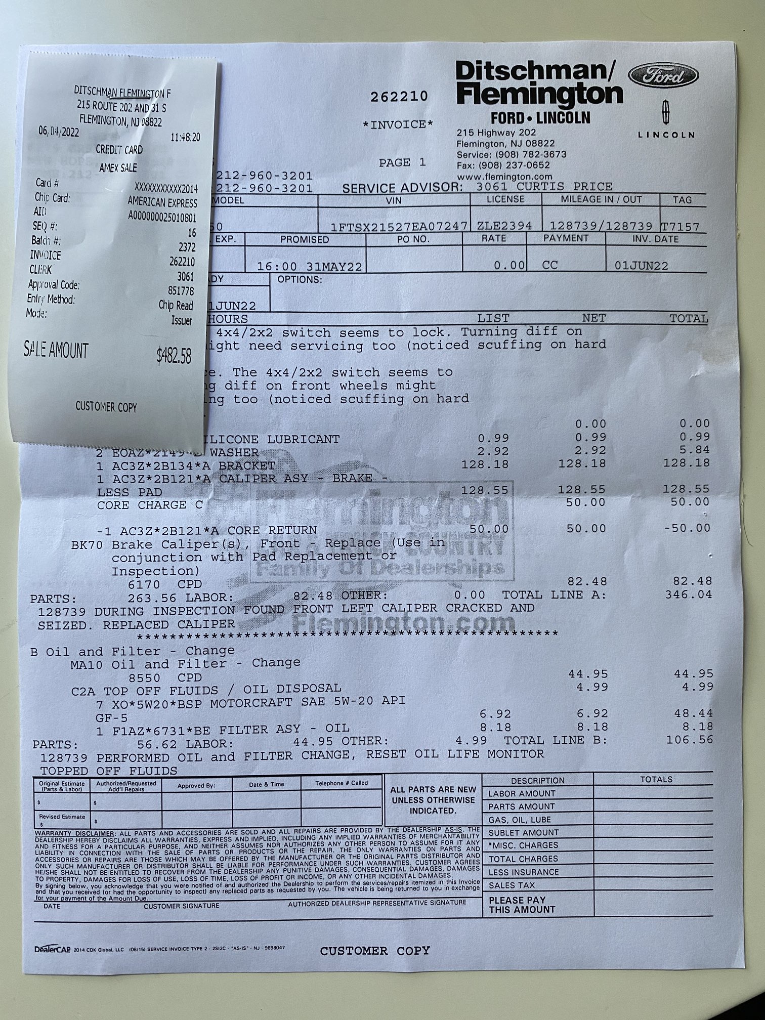 Repair on front brakes se receipt