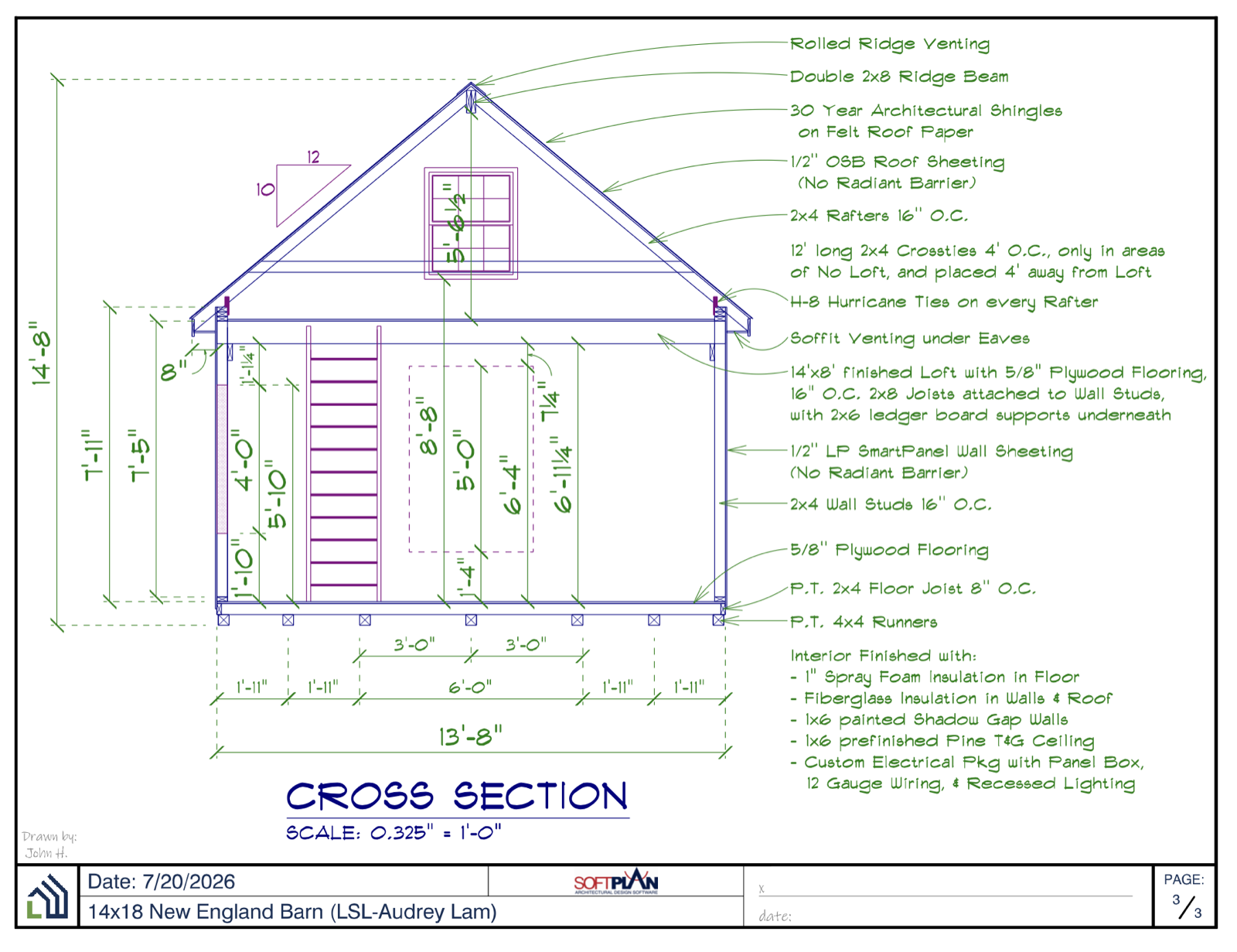 14×18 New England Barn — cross section: 10/12 roof pitch, double 2×8 ridge beam, 30-year architectural shingles on 1/2″ OSB, 2×4 rafters 16″ on-center, H-8 hurricane ties, 14′×8′ finished loft on 2×8 joists, 1″ spray-foam floor insulation, pine tongue-and-groove ceiling