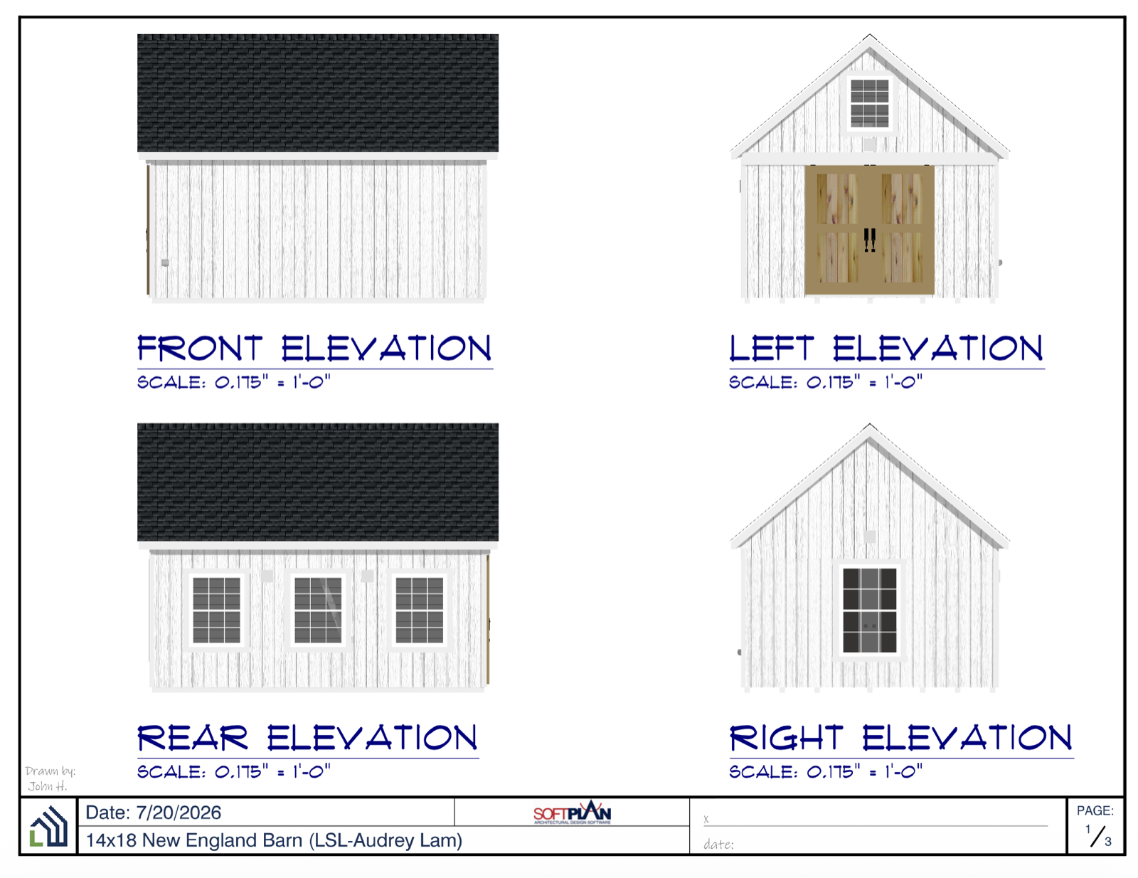 14×18 New England Barn — front, left, rear and right elevations: white board-and-batten siding, dark architectural-shingle gable roof, custom cedar double barn doors, loft gable windows