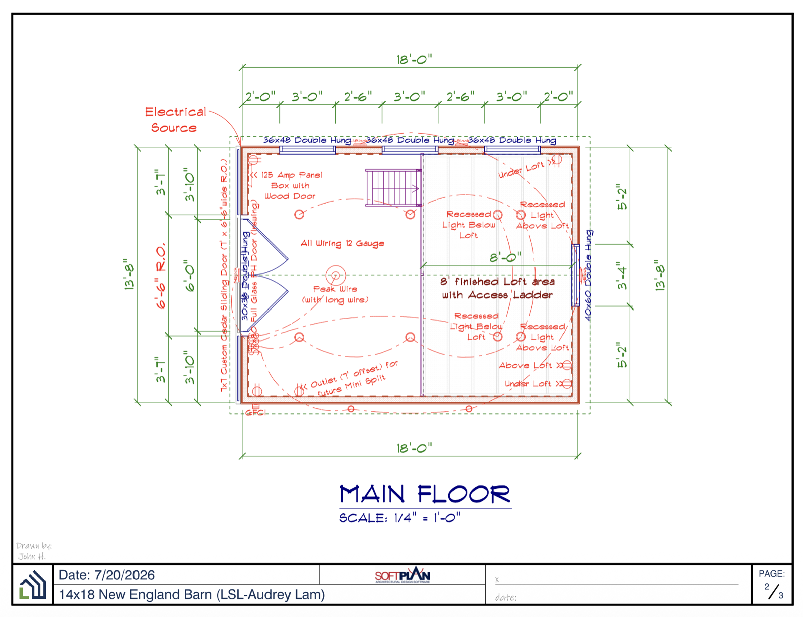 14×18 New England Barn — main floor plan: 18′×13′8″ footprint, 8′ finished loft with access ladder, 125-amp panel with wood door, three 36×48 double-hung windows, custom cedar sliding door, recessed lighting, outlet for a future mini-split