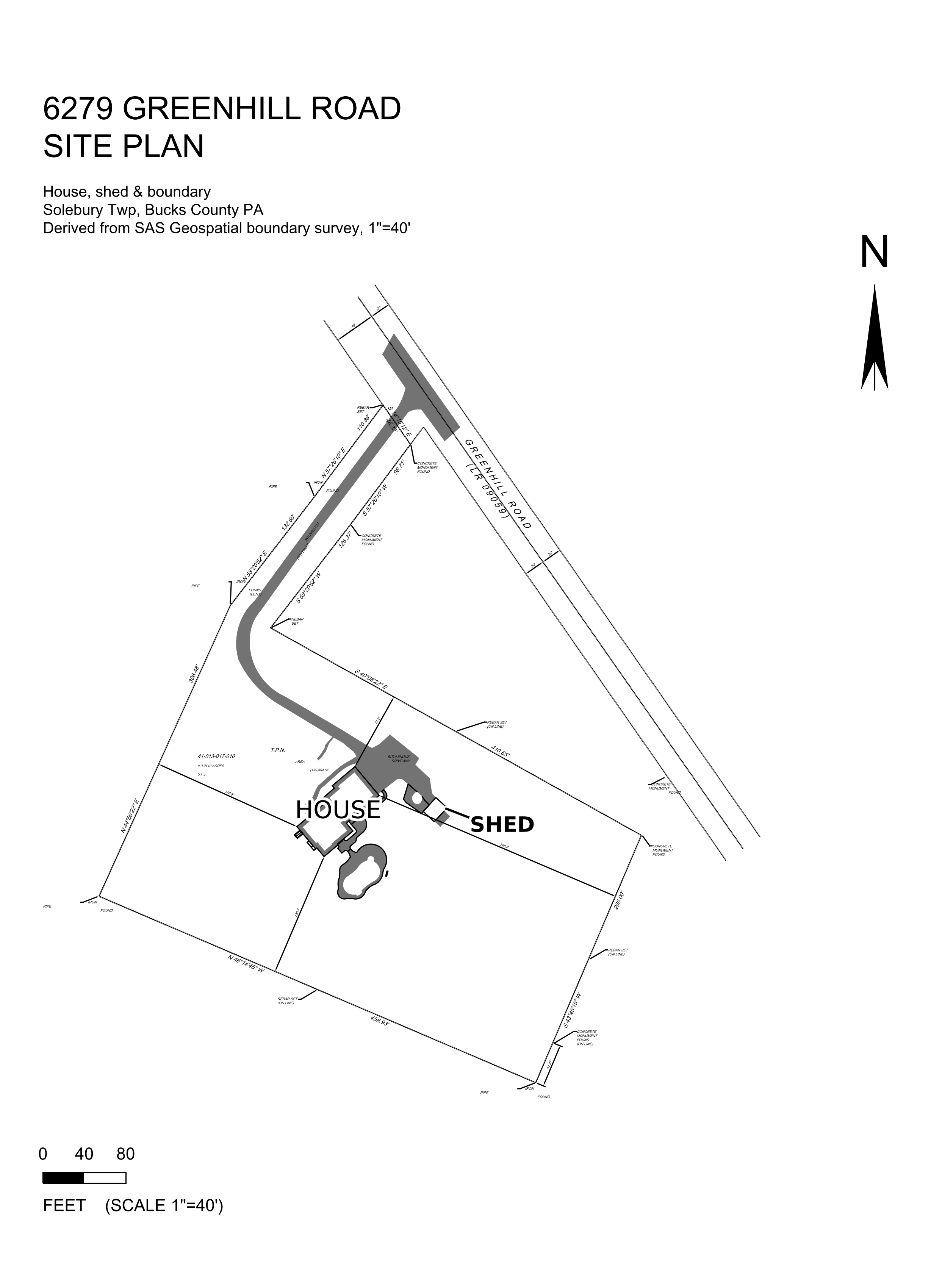 Cleaned site plan of 6279 Greenhill Road — property boundary, driveway, house and shed footprints, brick and concrete areas, graphic scale 1 inch = 40 ft, north arrow