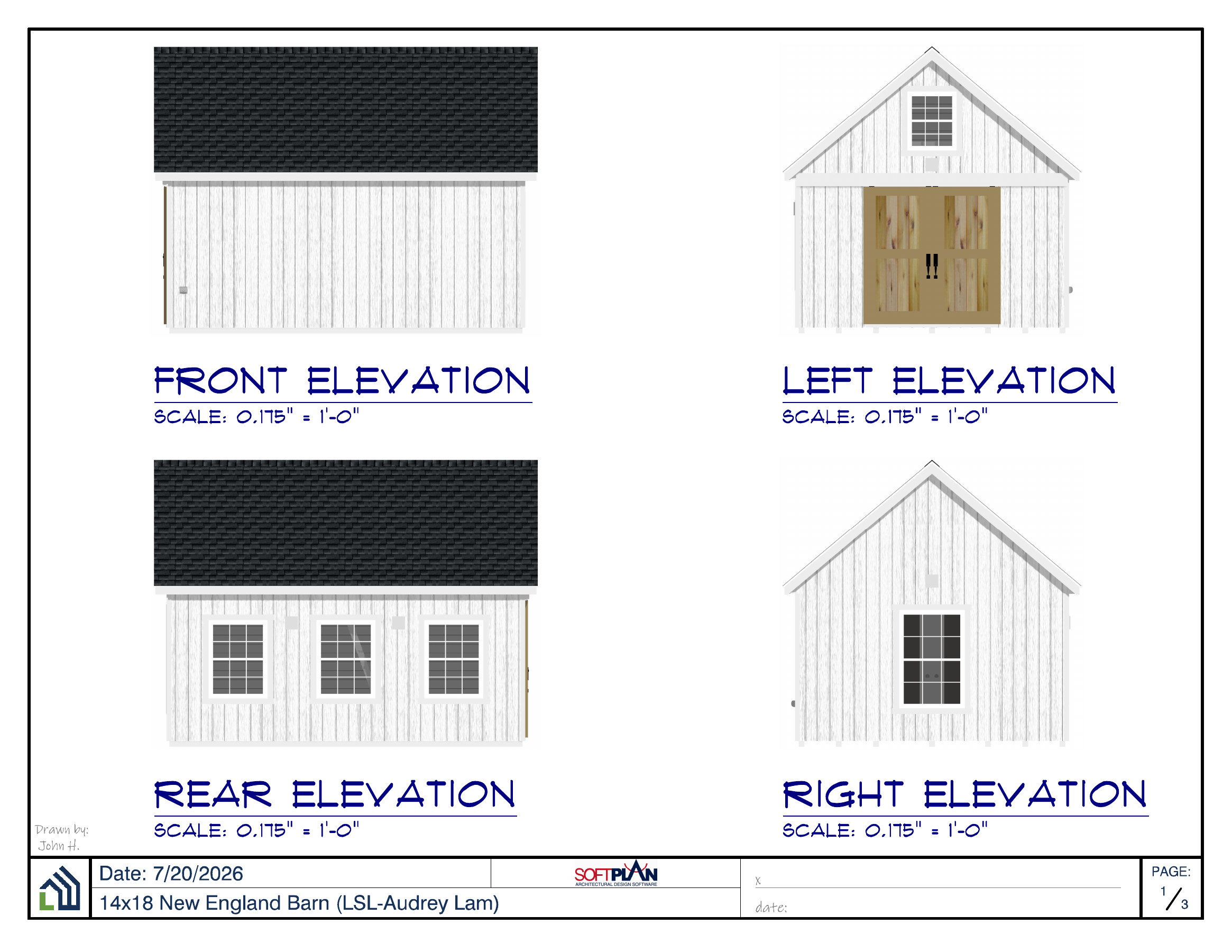 14×18 New England Barn — front, left, rear and right elevations; white board-and-batten, dark shingle roof, loft window, double barn door