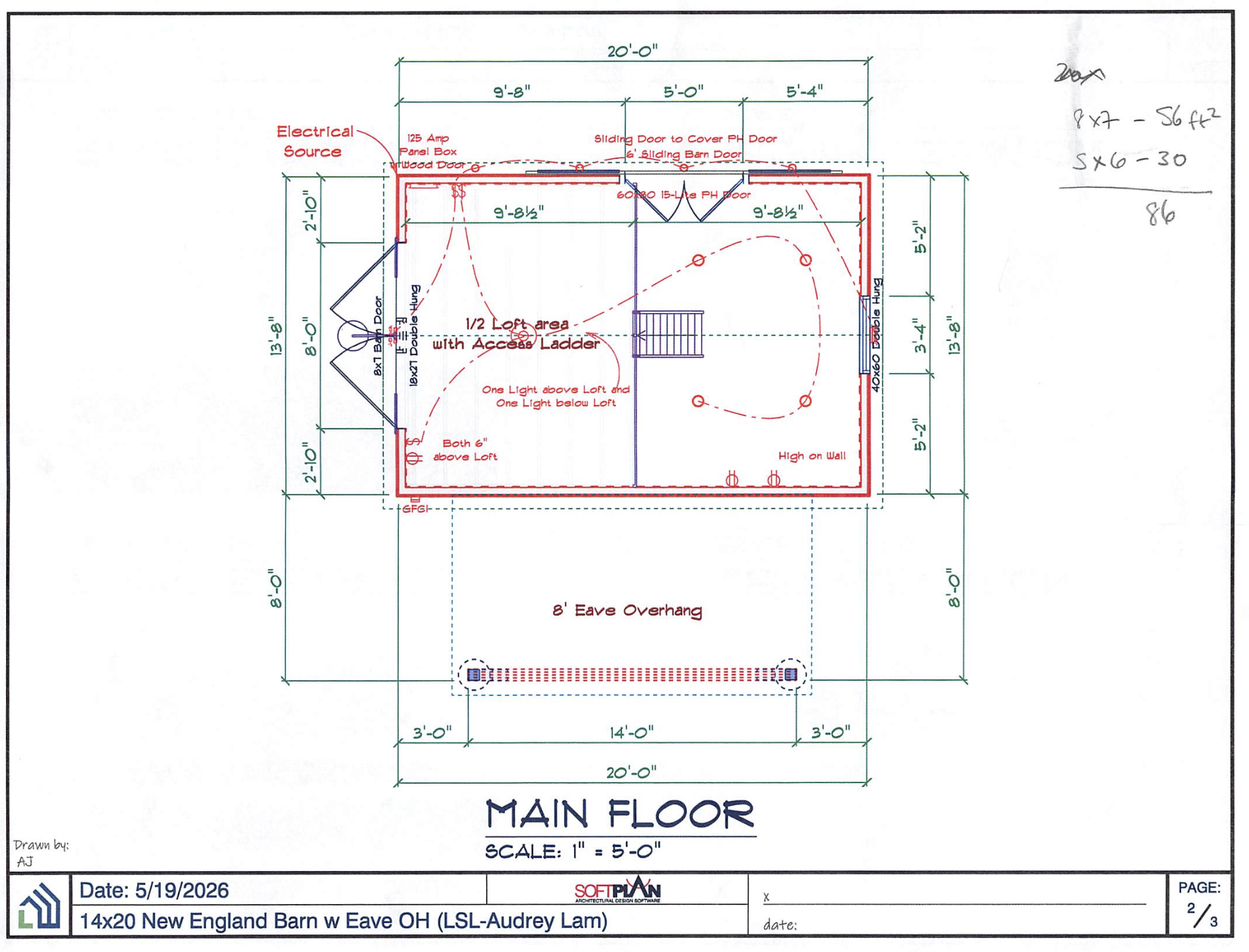 14×20 New England Barn shed plan — main floor layout. First record under shed: AC / heat-pump planning.