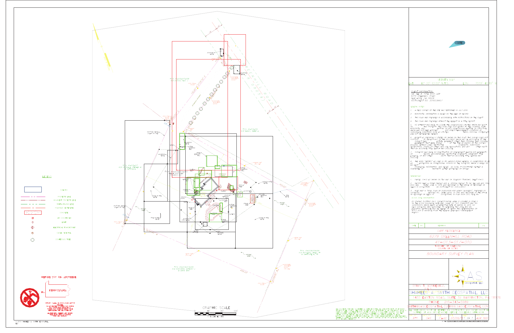 Boundary survey plan of 6279 Greenhill Road — property lines, building footprints, shed, concrete pad, brick area, block retaining wall, graphic scale 1 inch = 40 ft