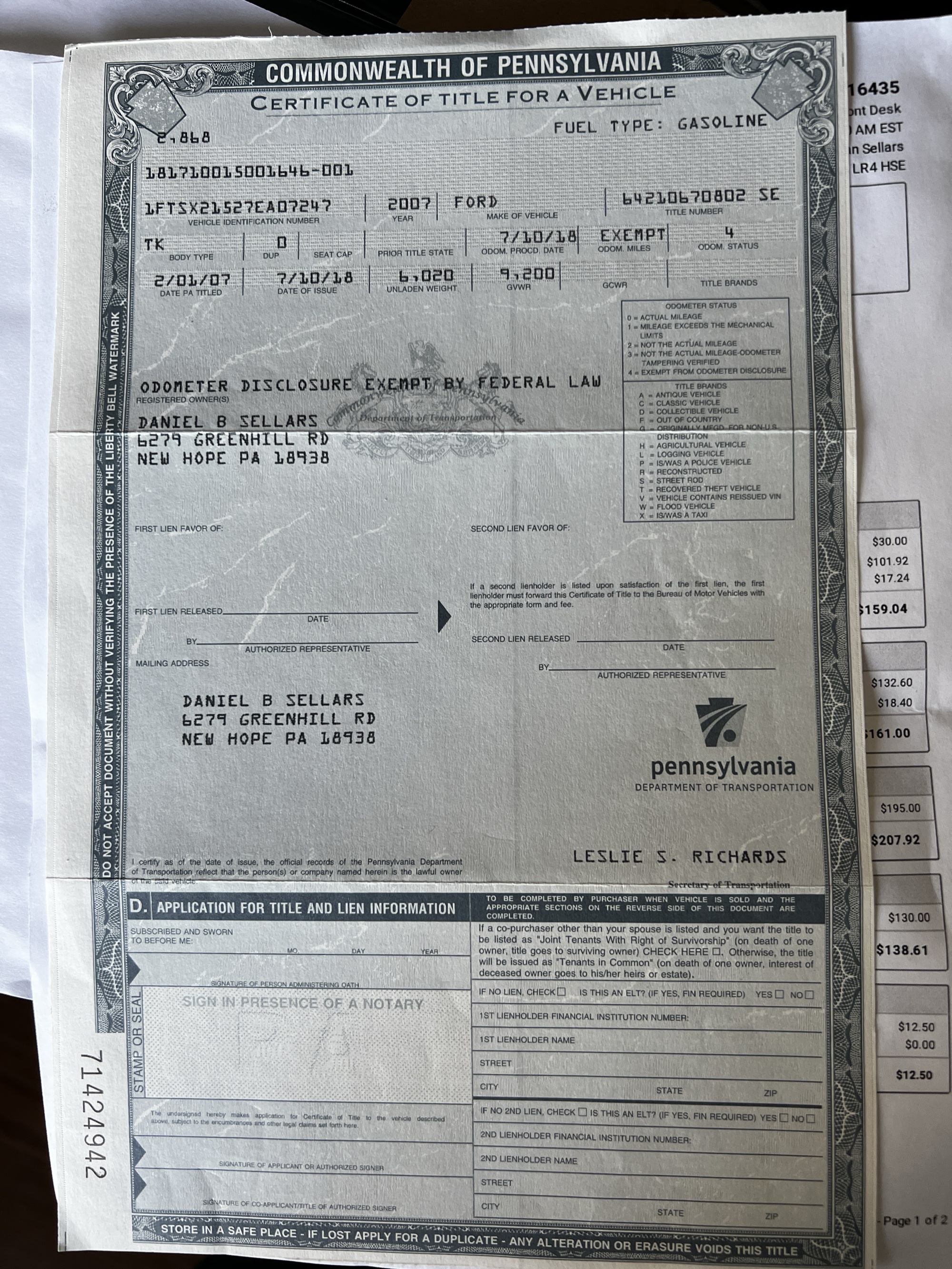 Pennsylvania Certificate of Title for the 2007 Ford F250, VIN 1FTSX21527EA07247, issued 10 July 2018, owner Daniel B Sellars, odometer-disclosure exempt