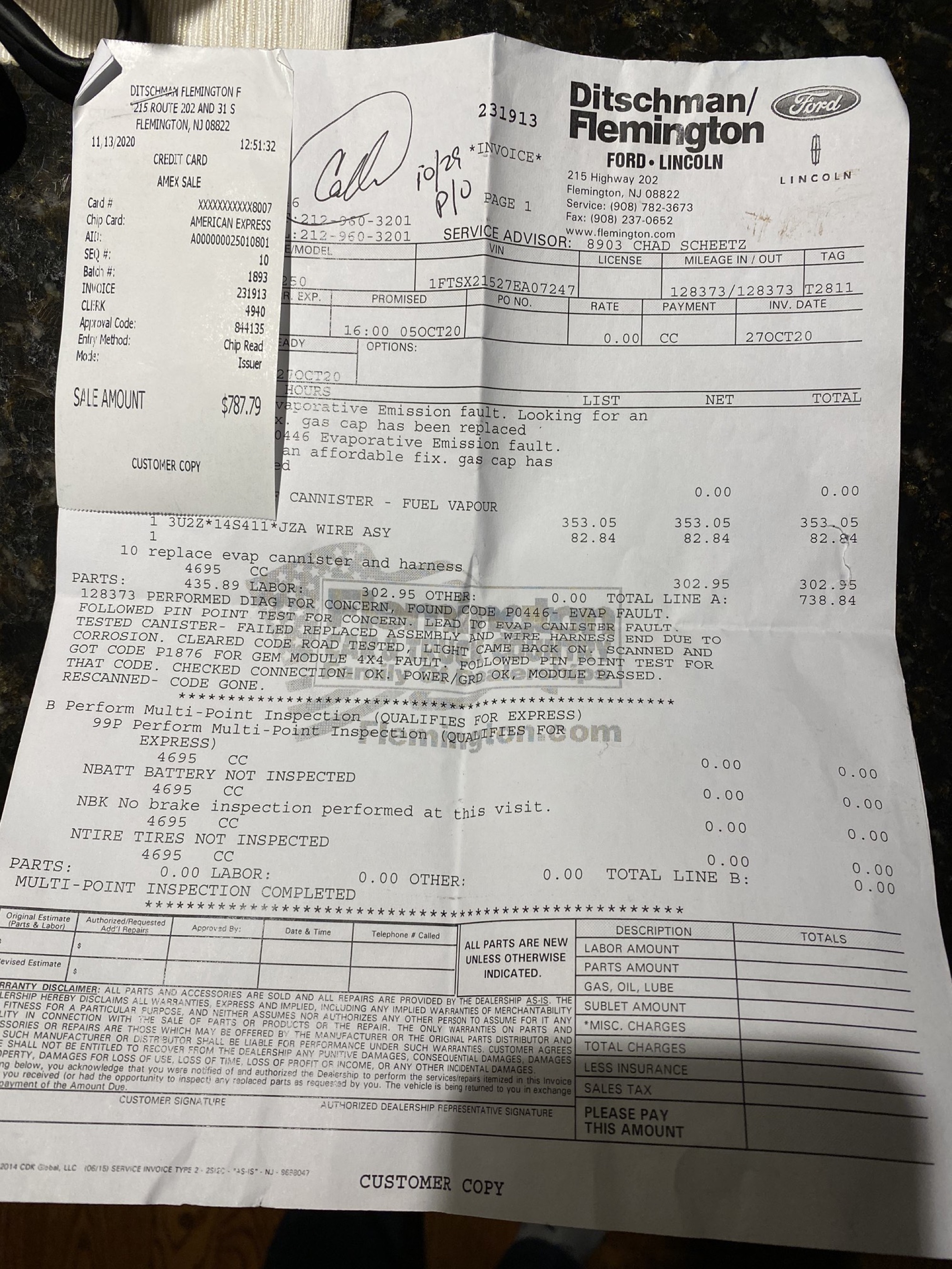 Ditschman/Flemington Ford invoice 231913 for 27 October 2020 evap canister + harness replacement, $787.79 paid by Amex, advisor Chad Scheetz